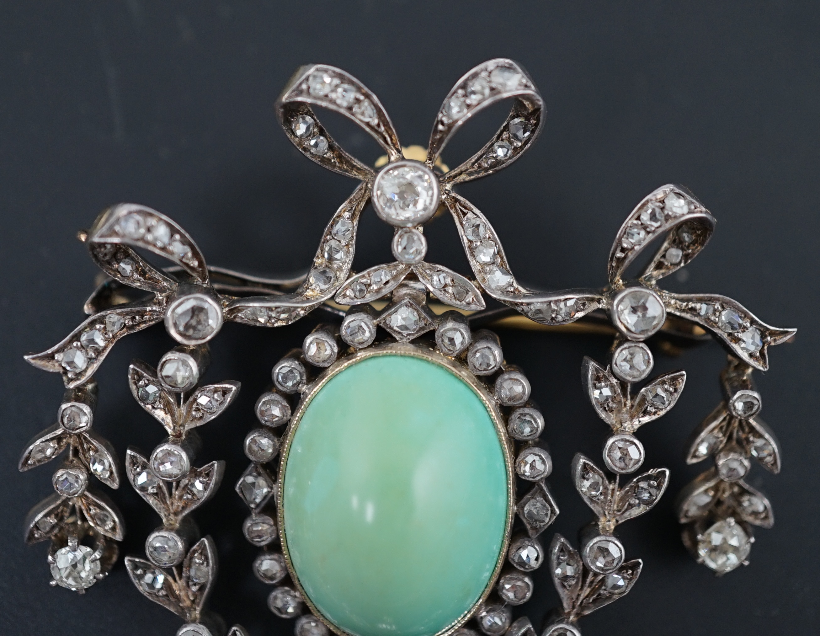 An Edwardian gold and silver, diamond and turquoise set drop pendant brooch